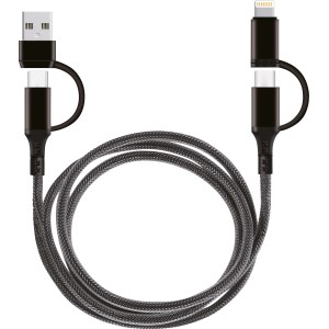 Câble de charge et de données USB 4 en 1 noir avec connecteur USB-A, USB-C et Lightning.