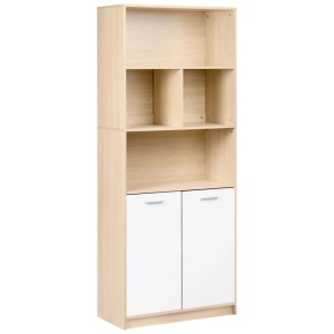 Bibliothèque Beliani Zehna en panneau de fibres, marron clair/blanc, 5 niveaux, étagères ouvertes et portes. Design scandinave.