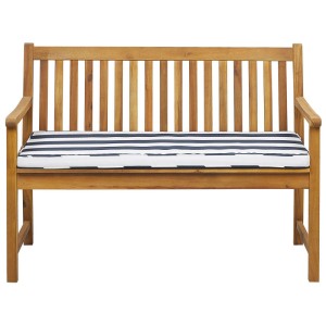 Banc de jardin Beliani Vivara en bois d'acacia avec coussin rayé bleu marine. Pour jardin et balcon.
