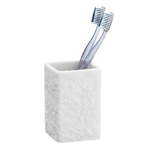Wenko Zahnputzbecher Villata, weißer Polyresin-Becher mit zwei Zahnbürsten.