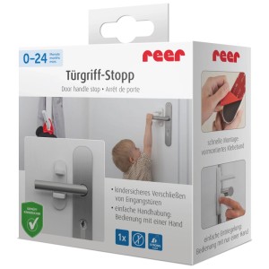 Verpackung des Reer Türgriff-Stopps in Weiß, Kindersicherung für Türgriffe.