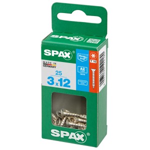 Viti Spax in acciaio inox A2, 3x12mm, 25 pezzi in scatola verde.