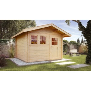 Casetta da giardino in legno Weka non trattato con tetto a due falde in giardino.