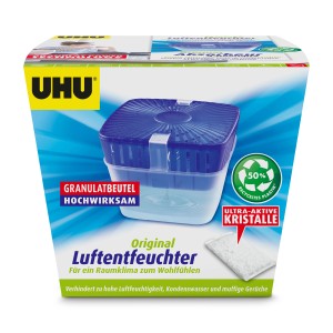 UHU Déshumidificateur Original 450g : Déshumidificateur avec sachet de granulés et couvercle bleu.