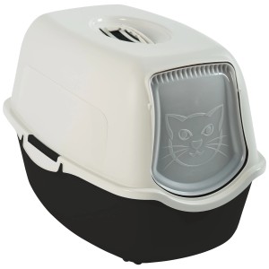Maison de toilette pour chat Rotho Eco Bailey, noir et blanc, avec porte et filtre.