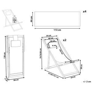Schizzo: Lettino da giardino Beliani Avellino, set da 2, dimensioni e dettagli del lettino in legno di acacia con poggiatesta.