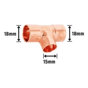 Raccordo a T di riduzione a saldare in rame, 18 mm x 15 mm x 18 mm, per impianti con tubi in rame.