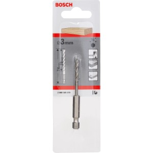 Punta elicoidale per legno Bosch, diametro 3 mm, attacco esagonale 1/4 di pollice, in confezione.