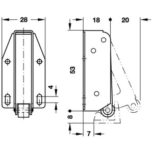 Dessin technique d'un loqueteau à galet mécanique blanc en plastique pour meubles.