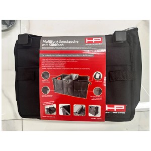 Borsa organizer multifunzione nera con scomparto frigo per auto, 57x41x28cm. Interno pratico per l'organizzazione.