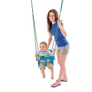Altalena per bambini Happy People blu e verde in plastica con bambino e adulto. Portata 40 kg.