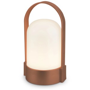 Lampada da tavolo a LED ricaricabile Brilo in marrone metallizzato opaco con maniglia, ideale per esterni.