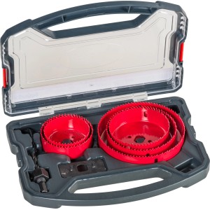 kwb Power-Box Set seghe a tazza, 8 pezzi in valigetta con seghe a tazza rosse e accessori.