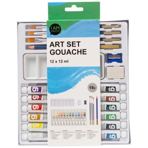 I Am Creative Gouachefarben-Set, 19-teilig mit Farben, Pinseln, Palette, Stift, Spitzer und Radiergummi.