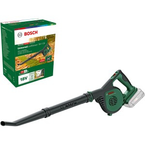 Soffiatore a batteria Bosch UniversalLeafBlow 18V solo con tubo soffiante rimovibile e confezione del prodotto.