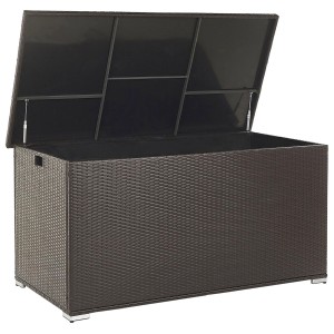 Coffre de rangement ouvert en rotin marron Modena (80x155x75cm) avec cadre en acier pour coussins de meubles de jardin.