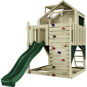 Maisonnette sur pilotis PolarPlay Meteorit avec toboggan vert et mur d'escalade. Cabane en bois pour enfants.