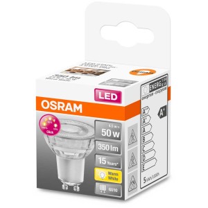 Osram LED riflettore PAR16 GU10, bianco caldo, 50W, 350lm, dimmerabile, in confezione.