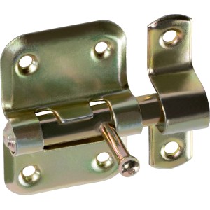 Targette coudée zinguée jaune 45x35 mm pour portes de meubles et usage extérieur.