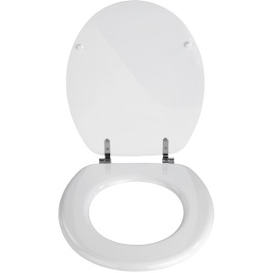 Sedile WC bianco Valencia di Wenko in MDF con cerniere in acciaio inox, coperchio aperto.