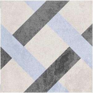 Dekorfliese Scandic Dekor 2, 18x18 cm, matt, mit geometrischem Muster in Grau, Beige und Blau.