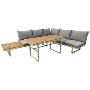 Greemotion Lounge-Set Lima, 3-teilig, mit Tisch und grau-beigen Polstern auf Aluminiumgestell.