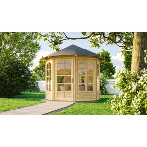 Gazebo ottagonale Weka 234 A Natur con finestre a griglia in giardino.