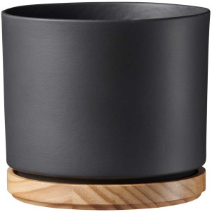 Vaso per fiori Söndgen Keramik Oslo, antracite opaco, Ø 16 cm, con sottovaso in legno.