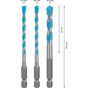 Set di punte Bosch Expert Hex-9, 3 pezzi, blu-argento, per forature precise in vari materiali.