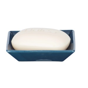 Wenko Cordoba portasapone in ceramica blu scuro con sapone. Accessorio bagno per sapone mani.