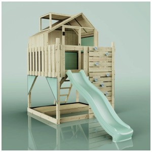 Cabane sur pilotis OutdoorToys Meteorit en bois avec toboggan vert menthe et mur d'escalade.