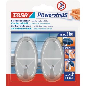 Tesa crochets adhésifs, lot de 2, chrome brillant, ovales, avec Powerstrips, supporte jusqu'à 2 kg.