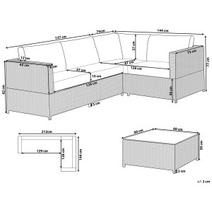 Ensemble lounge Avola 4 places (gauche) en rotin gris avec table, dimensions indiquées.