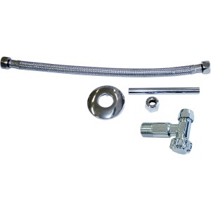 Kit de raccordement de réservoir WC pour arrivée d'eau arrière avec robinet d'équerre, flexible et tuyau de raccordement.