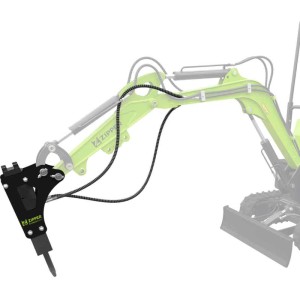 Marteau hydraulique Zipper ZI-MBGS850DH sur mini-pelle ZI-MBGS850D. Accessoire pour travaux de démolition et de burinage.