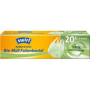 Sacs à déchets organiques Swirl 20L avec poignées, compostables, résistants à la déchirure et étanches. Idéal pour les déchets organiques.