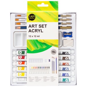 I Am Creative Set acrylique, 19 pièces avec 12 couleurs, pinceaux, palette, crayon, taille-crayon et gomme.