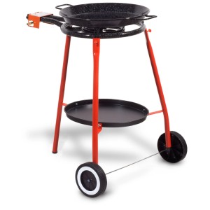 Set paella Garcima, 3 pièces, avec poêle en acier, brûleur et cadre roulant en noir et rouge.