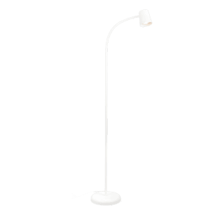Lampadaire blanc Brilo Skriva avec tête orientable et interrupteur au pied.