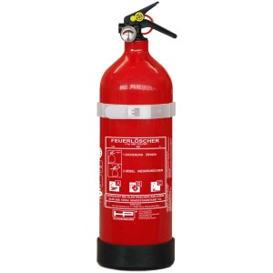 Extincteur à poudre pour voiture rouge, 2 kg, classes ABC, avec manomètre et support mural.