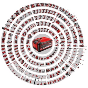 Batteria Einhell Power X-Change con vari utensili della serie disposti a cerchio.