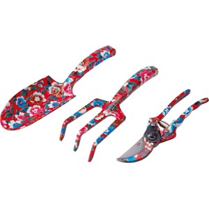 Ensemble d'outils de jardin à main 3 pièces à motif floral : pelle, râteau et sécateur.