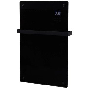 Radiateur de salle de bain noir Eurom Alutherm Sani Verre avec porte-serviettes et affichage numérique.