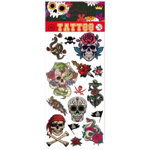 Hauttattoos mit Skelett-, Totenkopf- und Piratenmotiven, selbstklebend, 8,5x19,5 cm.