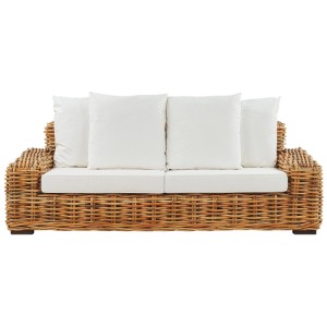 Divano da giardino Beliani Forli in rattan marrone con cuscini bianchi. Arredo lounge in stile boho.