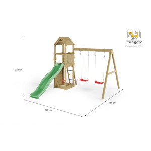 Tour de jeu Flappi lasurée marron avec balançoire et toboggan. Dimensions : 262 x 293 x 366 cm.