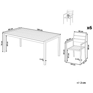 Schéma : Mobilier de jardin Beliani Vernio, ensemble 6 places avec table et chaises, dimensions en cm.