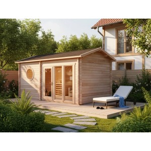 Sauna de jardin Finntherm Genf-70 en épicéa avec fenêtre panoramique et toit à deux pentes.