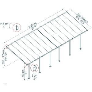 Disegno tecnico della copertura per patio Palram Canopia Feria bianca 4x8.50 con dimensioni.