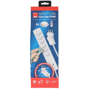 Ciabatta bianca Safety Line con 6 prese T13, telecomando e spina clip-clap nella scatola.